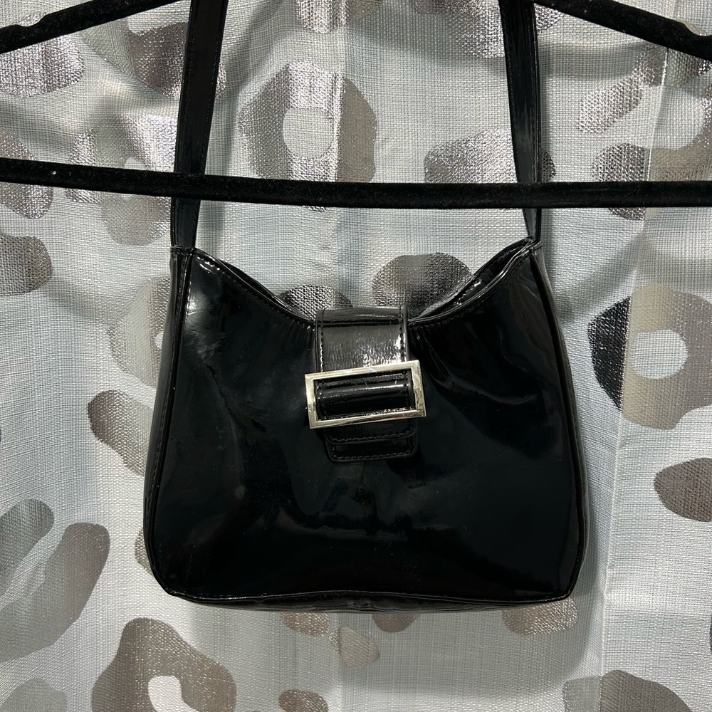 Ardene Black Patent Shoulder Bag with Silver Buckle